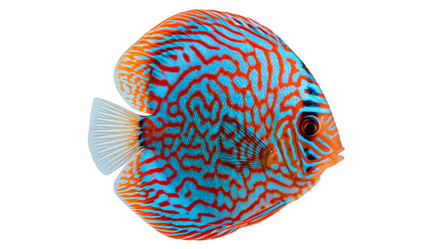 Vibrant blue and orange patterned discus fish with intricate labyrinth markings