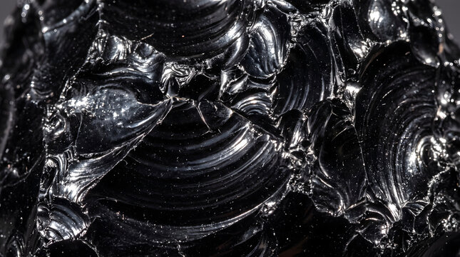 macro close up texture of glossy black volcanic obsidian glass mineral showing smooth curved conchoidal fracture patterns reflective rippled ridges and natural lustrous geological surface