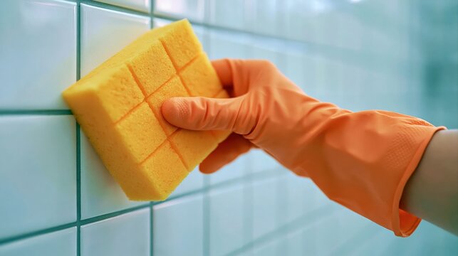 Hand wearing an orange glove cleans a tiled surface with a yellow sponge.