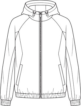 Zip up hooded windbreaker jacket with drawstrings fashion technical flat line art vector
