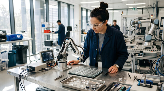 focused female robotics technician in protective eyewear and dark lab coat assembling programmable robotic arm gripper with micro components on stainless steel workbench in modern factory