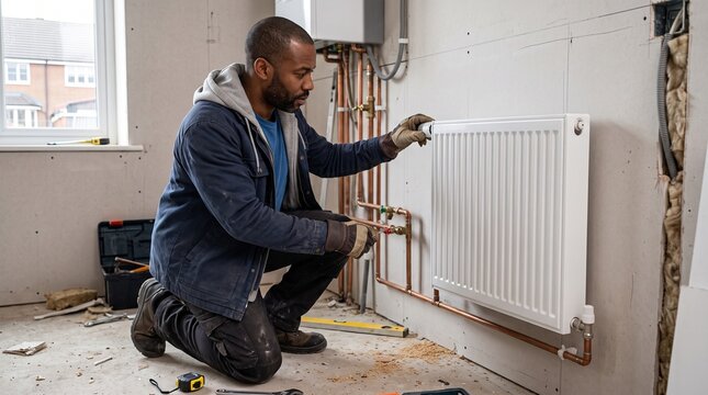 African American man installing a radiator in a home renovation  