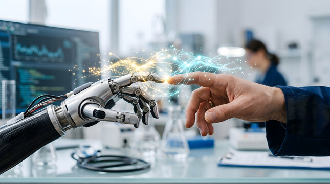 Side profile of human hand reaching out to touch robotic metal finger with glowing electric energy sparks in high tech laboratory symbolizing future cooperation between humanity and robotics