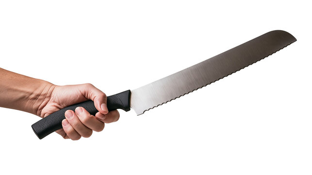 Hand holding a serrated stainless steel bread knife with a black textured handle