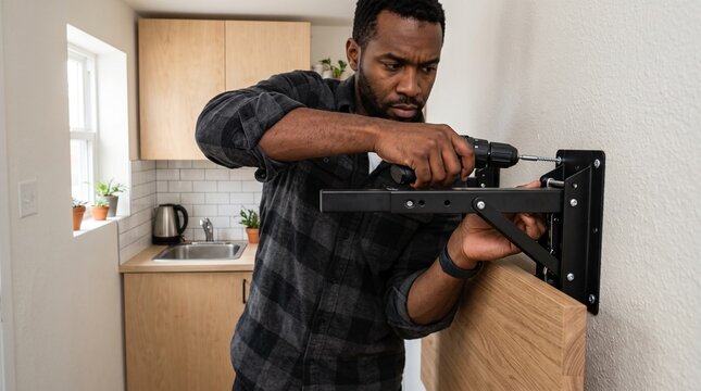 Man installing shelf bracket in modern kitchen using drill  