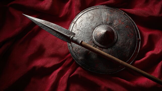 spear. A spear and shield crossed against dark red fabric, showing wear and patina. event programs, museum guides, designed for cultural heritage projects and event programs, preserves heritage.