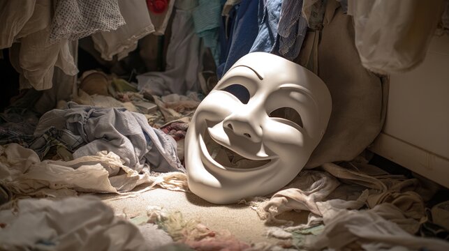 exaggerated. A large white theatrical mask lies on a cluttered dressing room floor. event programs, museum guides, designed for cultural heritage projects and event programs, used by policy analysts.