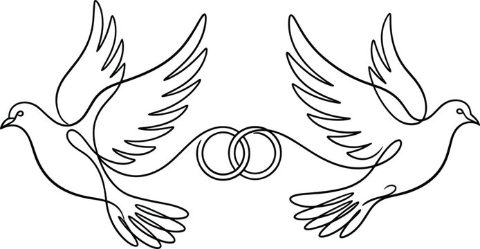 Two flying dove birds holding interconnected wedding rings symbolizing love romance marriage commitment and peace concept vector