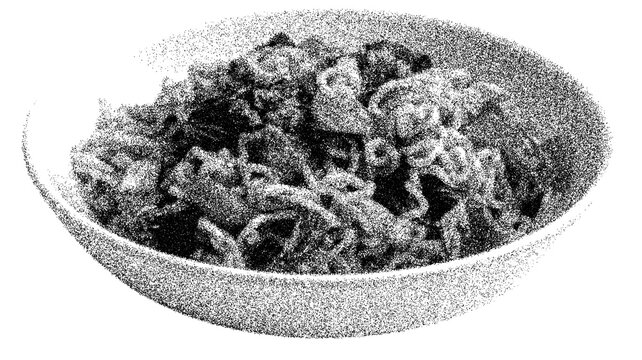Delicious chow mein noodles with vegetables for culinary inspiration - transparent background png. Stipple, halftone dots, transparent background