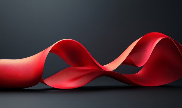 Red ribbon, 3D rendering style, abstract shapes, 3D shape, curved composition, low-angle shot, dark gray background, Generative AI