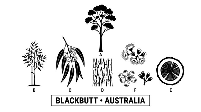 Very beautiful black and white flat vector botanical collection featuring Blackbutt tree, sapling, branch, narrow eucalyptus leaves, white flowers, seed capsules, rough bark and timber cross-section, 