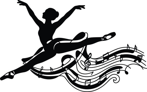 Professional vector illustration of a graceful ballerina dancing with flowing musical notes solid black silhouette