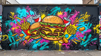 Fototapeta premium Colorful burger graffiti mural with vibrant street art on urban wall featuring fast food illustration and bold creative spray paint artwork background generative ai