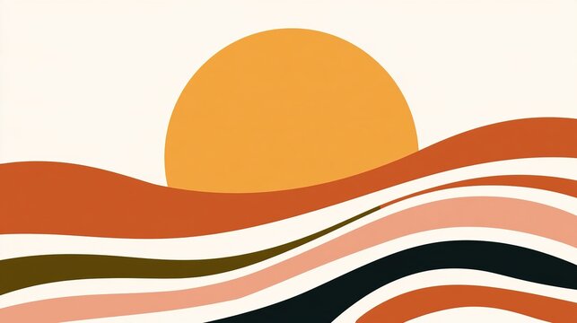 Abstract sunset landscape banner, Mid-century modern wavy pattern backdrop, Boho desert travel presentation cover