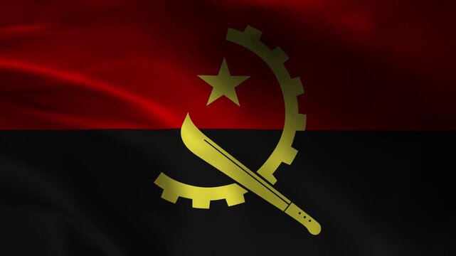Waving flag of Angola with red and black horizontal bands, yellow gear, machete and star emblem, 4K realistic fabric animation in the wind