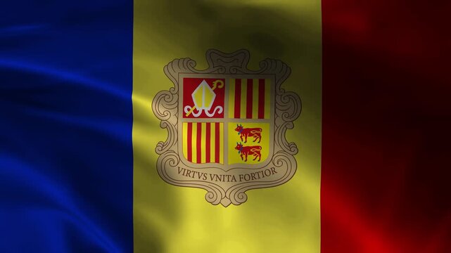Waving flag of Andorra with blue, yellow and red vertical stripes and coat of arms, 4K realistic fabric animation in the wind