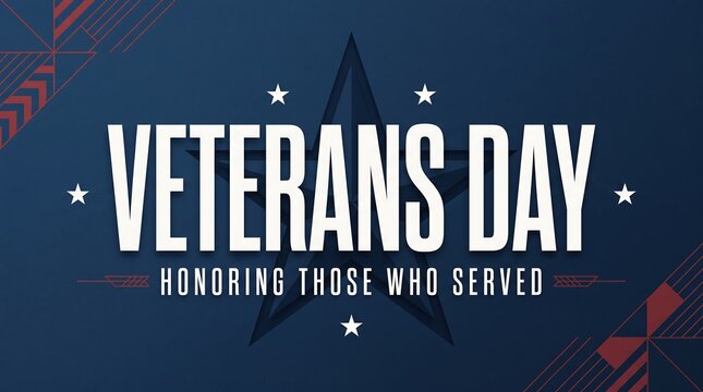 Veterans day graphic design featuring bold white typography on a dark blue background with patriotic elements honoring military service members