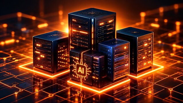Enterprise data center server racks with artificial intelligence processing unit on glowing digital grid