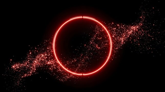 A vibrant abstract red neon circle glows against a detailed complex digital circuit board backdrop symbolizing modern technology and groundbreaking innovation concepts