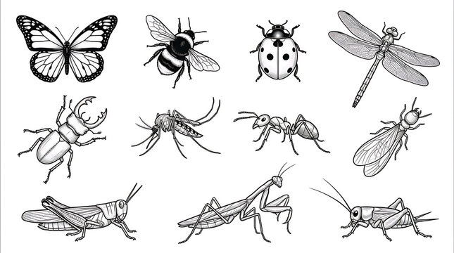 Monochrome insect collection vector set isolated on transparent background