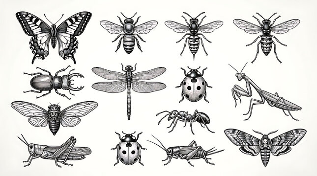 Vintage insect collection vector engraved style isolated on transparent background