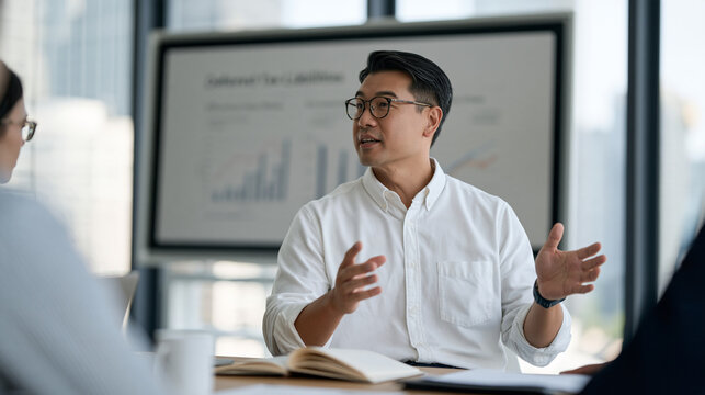 Corporate tax specialist in a high rise office gestures toward a large screen displaying charts of deferred tax liabilities and effective rate analysis, finance team discussion,