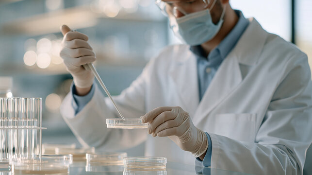 Hungarian microbiologist streaking bacterial culture onto agar plate inside biosafety cabinet level two, antimicrobial resistance research, clinical microbiology laboratory,