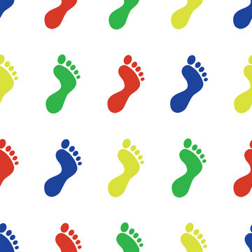 Seamless vector pattern of footprints marks in blue, red, green and yellow colors on white background