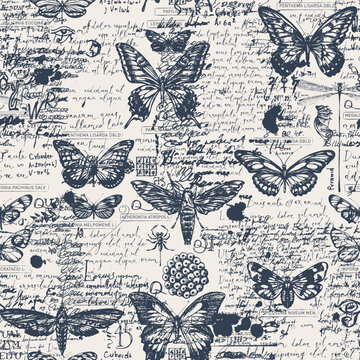Seamless vintage vector pattern with butterflies, moths, scientific illustrations and handwritten notes. Suitable for wallpaper, fabric, wrapping paper, packaging and scrapbooking.