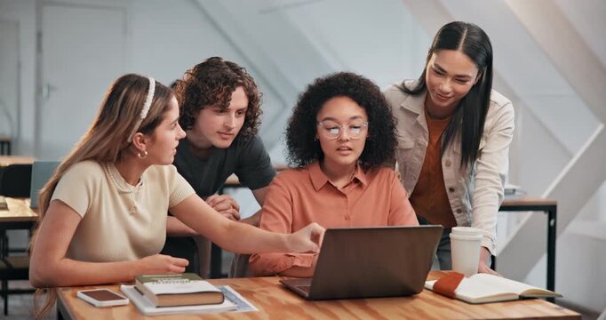 Study group, people and laptop at college with help, explain course material and share insight. University, students and tech for academic support, exam tips and tutoring for essay guidance in class