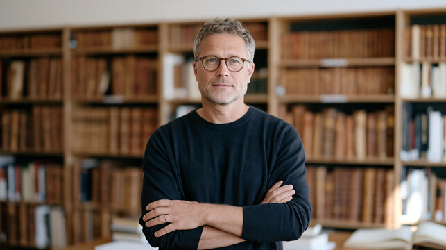German theologian in a university library surrounded by leather-bound volumes of religious philosophy, academic faith, comparative religion study, seminary scholar, religious