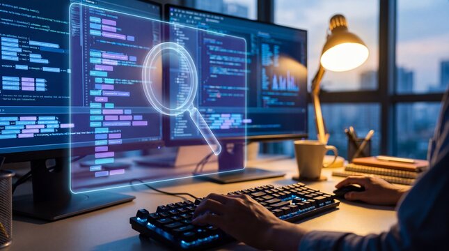 Software developer analyzing code on dual monitors, modern IT workspace, programmer debugging system errors with magnifying glass HUD