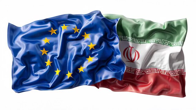 Flags of the European Union and Iran waving together in a symbolic representation of international relations and cooperation
