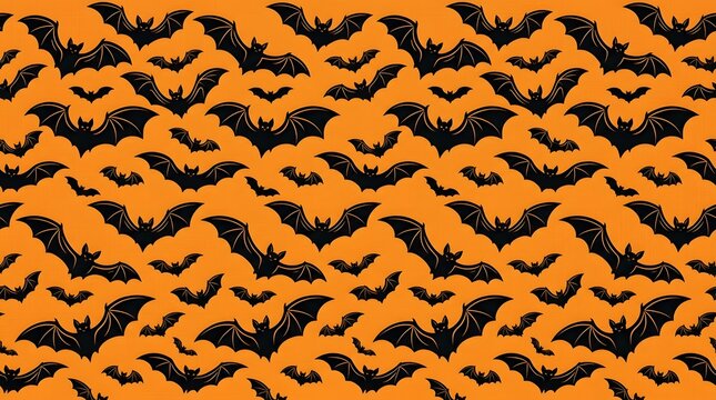 Seamless pattern featuring black flying bats on a vibrant orange background for festive halloween holiday party decorations