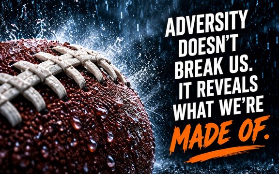 Dramatic football poster in heavy rain with the quote &ldquo;Adversity doesn&rsquo;t break us. It reveals what we&rsquo;re made of,&rdquo; symbolizing resilience and strength.