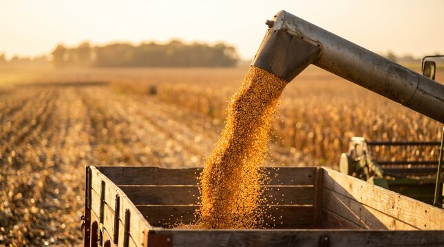 Golden corn grain pour from farm harvester into wooden trailer bin at sunset in rural field during harvest