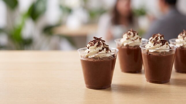 Mini chocolate mousse dessert in clear plastic cup on wooden table with cream swirl for cafe catering and party