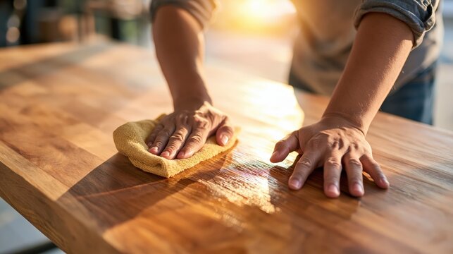 Person polishing a wooden table surface with a cloth in sunlight.