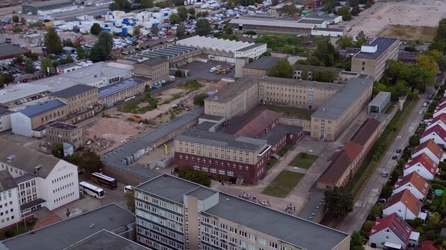 Stasi political Pretrial Detention Center of the GDR. Magic aerial view drone