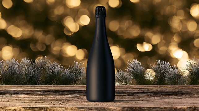 Matte black champagne bottle on rustic wood with pine and bokeh
