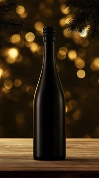 Matte black champagne bottle on wooden table with golden bokeh