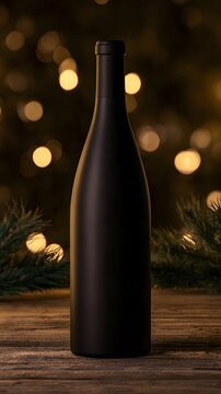 Matte black wine bottle on rustic wood with festive bokeh lights