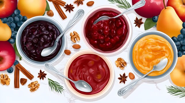 Three ceramic bowls of fruit preserves with spoons and spices