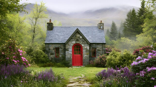 Stone cottage with red door in garden with misty mountains