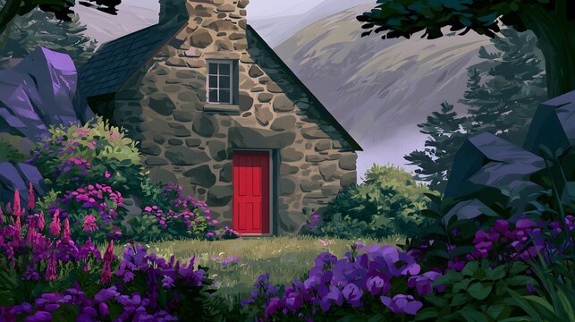 Stone cottage with red door in garden with purple flowers