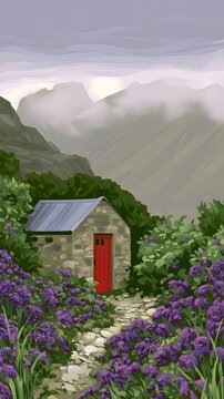 Stone cottage with red door in garden of purple flowers