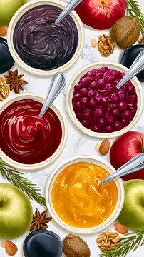 Three ceramic bowls of fruit preserves with spoons on marble surface