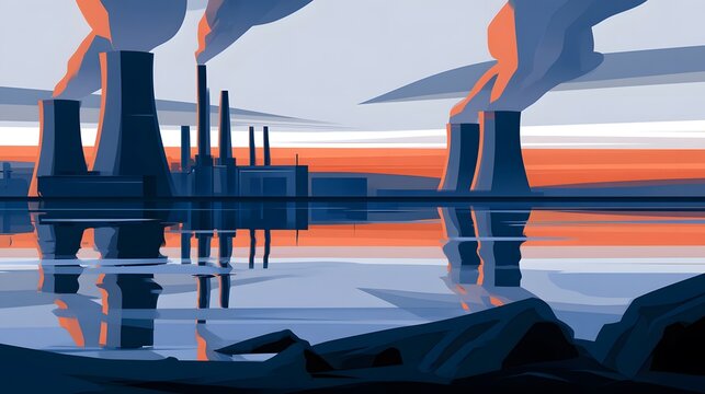 Industrial power plant with cooling towers and steam at sunset