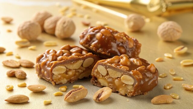 Decadent peanut and caramel candy bars with glossy coating, a delicious sweet treat.