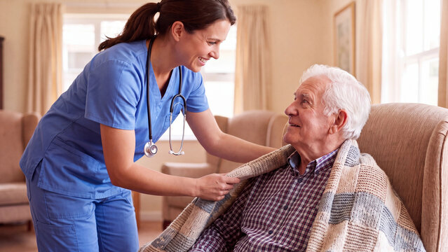 Caregiver covering elderly man with blanket at home for senior comfort warmth and compassionate home care service